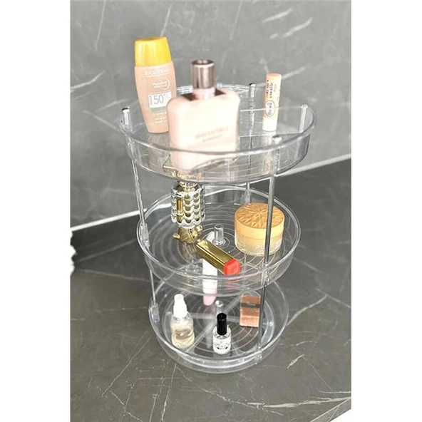 Primanova Elpida Üç Katlı Döner Raf Banyo Mutfak Makyaj Düzenleyici - Şeffaf - Resim 2