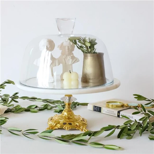 Akayev Mermer Beyaz 25 Cm Altın Barok Ayak Cam Fanus - Resim 3