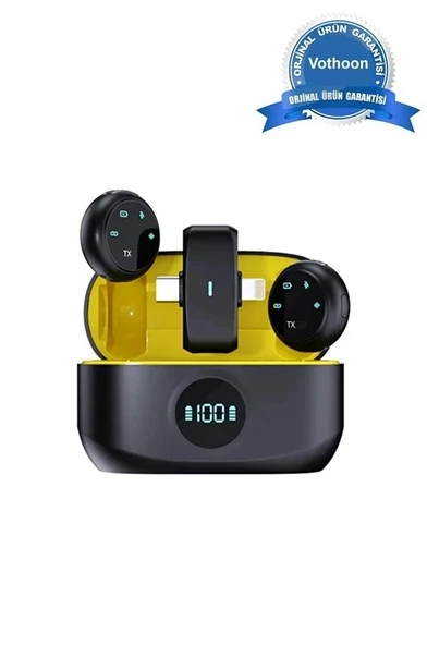 Kablosuz Profesyonel İkili Yayın Yaka Mikrofonu Şarj Kutu Mıknatıslı typce Lightning Çıkış Mikrofon ürün görseli