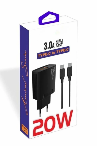 PDAteknoloji 20 watt USB + Type-C çıkışlı Hızlı Şarj Başlık Adaptör + 1m 3A Type-C to Type-C Kablo  (Yerli Üretim) KDR-42 Siyah - Resim 2