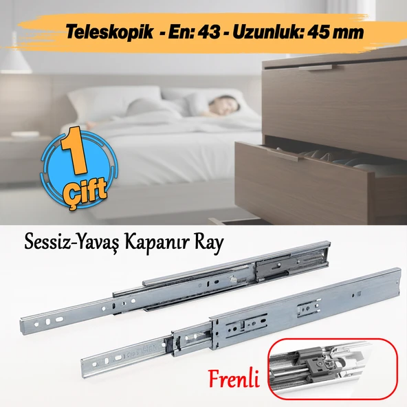 (1 Çift ) Frenli Teleskopik Çekmece Rayı Bilyalı Dolap Çekmecesi Ray Metal En 4.3 cm Uzunluk 45 cm - Resim 2