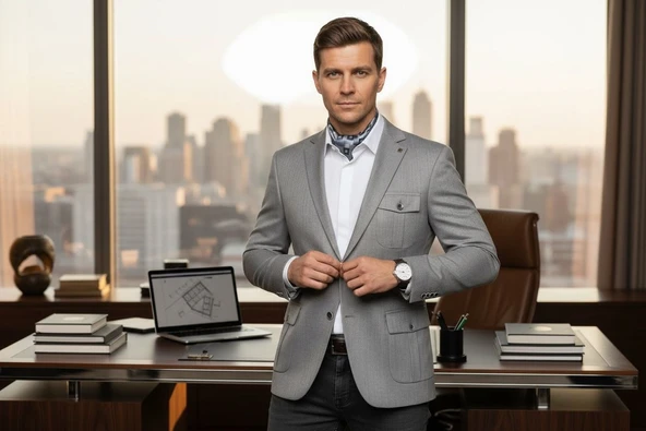 Erkek Slim Fit Gri Blazer Ceket – Tek Düğmeli – Kapaklı Cepli – Şık Kumaş Dokulu – Günlük & Ofis Kombinleri İçin - Resim 6