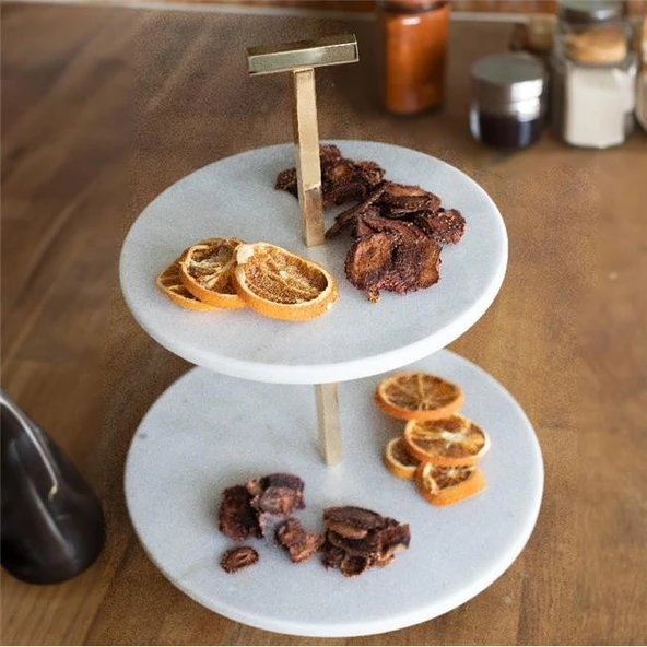 Akayev Mermer 25 Cm Beyaz Altın Boncuk Ayaklı İki Katlı Sunum Tabağı - Resim 2