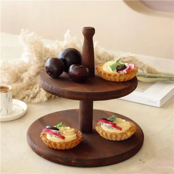 Akayev Ahşap İki Katlı Sunum Tabağı - Resim 3