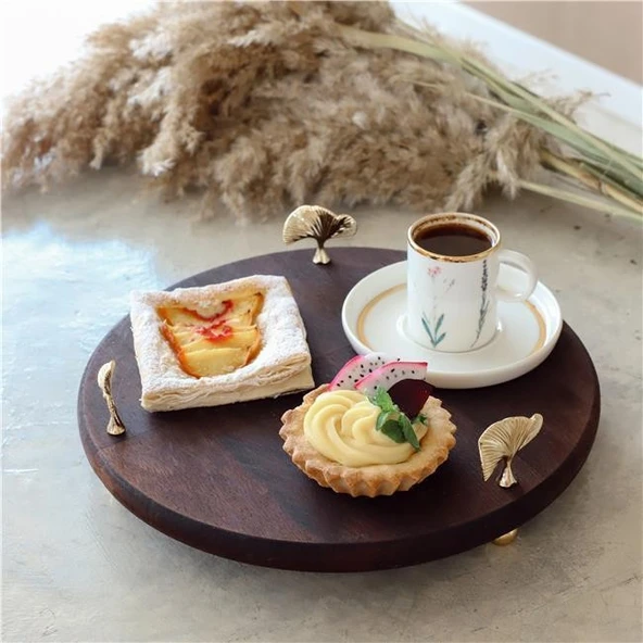 Akayev Ahşap 28 Cm Altın Ayak Ginkgo Yuvarlak Sunum Tabağı - Resim 2