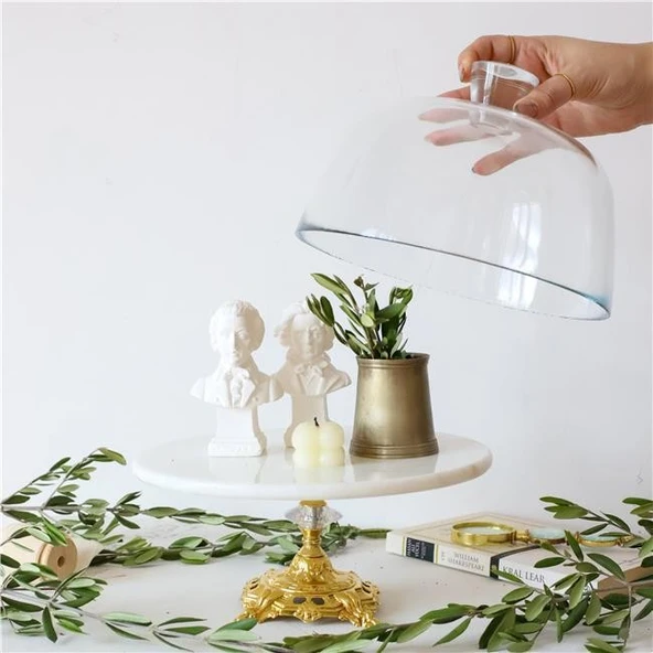 Akayev Mermer Beyaz 25 Cm Altın Barok Ayak Cam Fanus ürün görseli