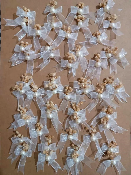 Pratikbox Mini Fiyonk/Tül 1cm'lik / Hediyelik / Süsleme / Beyaz Renk/Yarım incili,Cipso çiçeği / 100 Adet - Resim 4