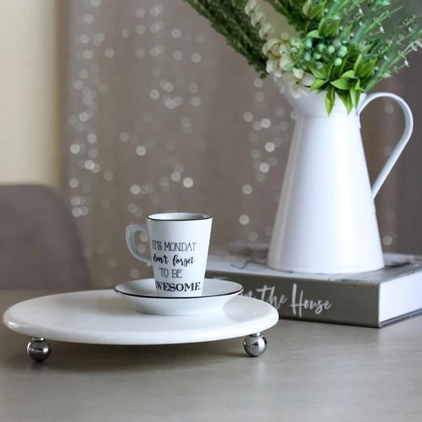 Akayev Mermer Beyaz 19 cm Gümüş Boncuk Ayaklı Kahve Sunumluk - Yağ ve Takı Standı - Resim 2