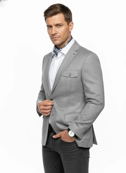 Erkek Slim Fit Gri Blazer Ceket – Tek Düğmeli – Kapaklı Cepli – Şık Kumaş Dokulu – Günlük & Ofis Kombinleri İçin - Resim 2