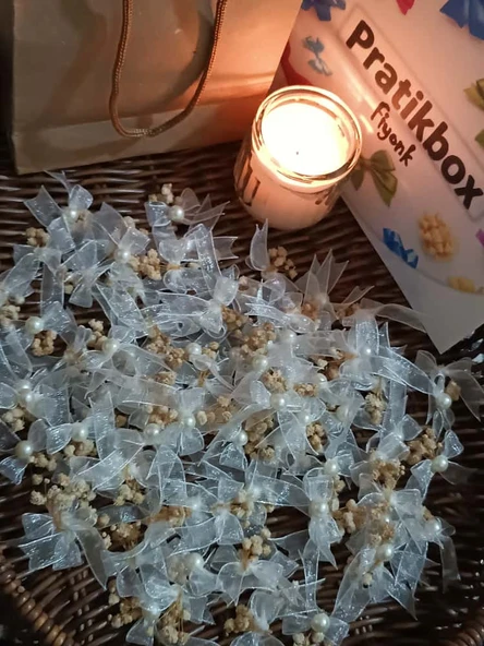 Pratikbox Mini Fiyonk/Tül 1cm'lik / Hediyelik / Süsleme / Beyaz Renk/Yarım incili,Cipso çiçeği / 100 Adet ürün görseli 1