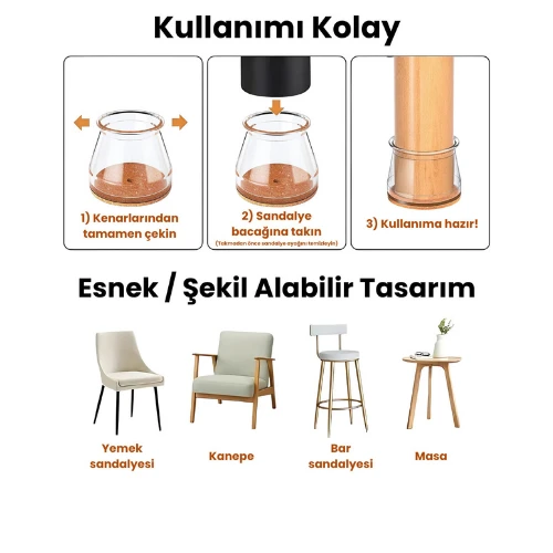 24 Adet Yuvarlak Sandalye Pabucu (T:3,6cm U:3,6cm) Şeffaf Silikon İnce Keçeli Sandalye Pabucu - Resim 2