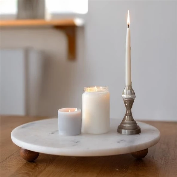 Akayev Mermer Beyaz 28 cm Ahşap Boncuk Ayaklı Sunumluk - Kahve ve Tatlı Sunumu - Yağ Standı ürün görseli
