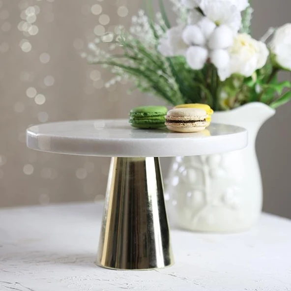 Akayev Mermer 28 Cm Altın Konik Ayak Beyaz Kalın Sunum Tabağı - Resim 2