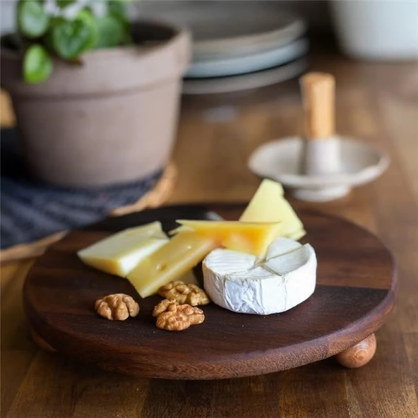 Akayev Ahşap 28 cm Ayaklı Sunum Tabağı - Pasta Tabağı - Doğal Sunumluk - Resim 3