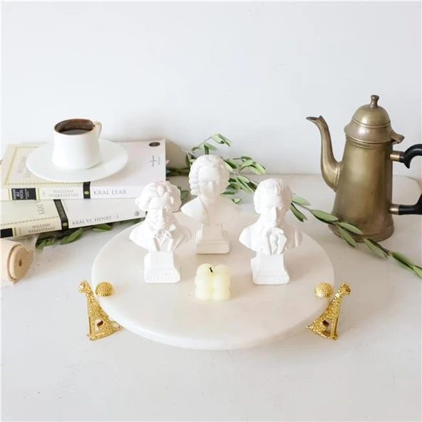 Akayev Mermer Beyaz 25 Cm Altın Çita Ayaklı Sunum Tabağı - Resim 2