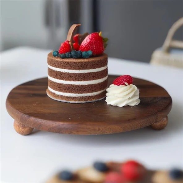 Akayev Ahşap 20 cm Ayaklı Sunum Tabağı - Pasta Tabağı - Doğal Sunumluk - Resim 2