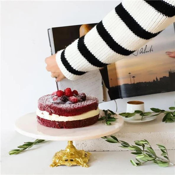 Akayev Mermer Beyaz 28 Cm Altın Barok Ayak Sunum Tabağı - Resim 2