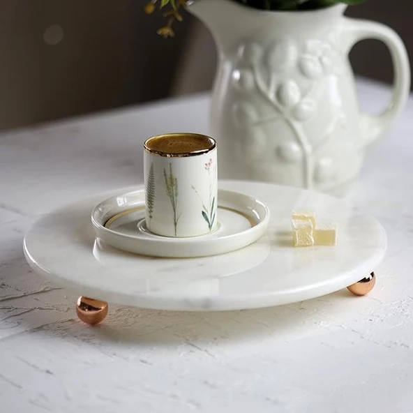 Akayev Mermer Beyaz 19 cm Rose Gold Boncuk Ayaklı Kahve Sunumluk - Yağ ve Takı Standı - Resim 2