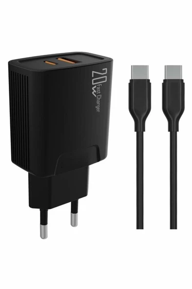 PDAteknoloji 20 watt USB + Type-C çıkışlı Hızlı Şarj Başlık Adaptör + 1m 3A Type-C to Type-C Kablo  (Yerli Üretim) KDR-42 Siyah ürün görseli 1