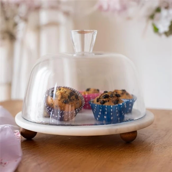 Akayev Mermer Beyaz 25 Cm Ahşap Boncuk Ayaklı Cam Fanus - Ekmek ve Kek Standı - Pasta Standı ürün görseli