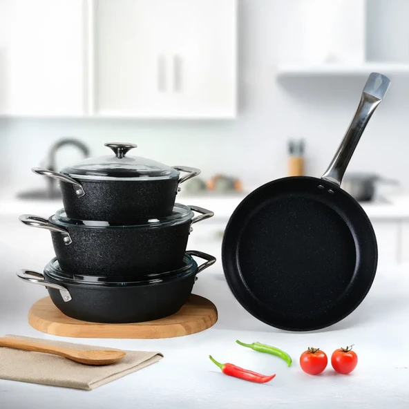 GÜRAL PORSELEN Antoryum Pro 7 Parça ThermoGuard Granit Tencere Takımı Siyah ürün görseli 1