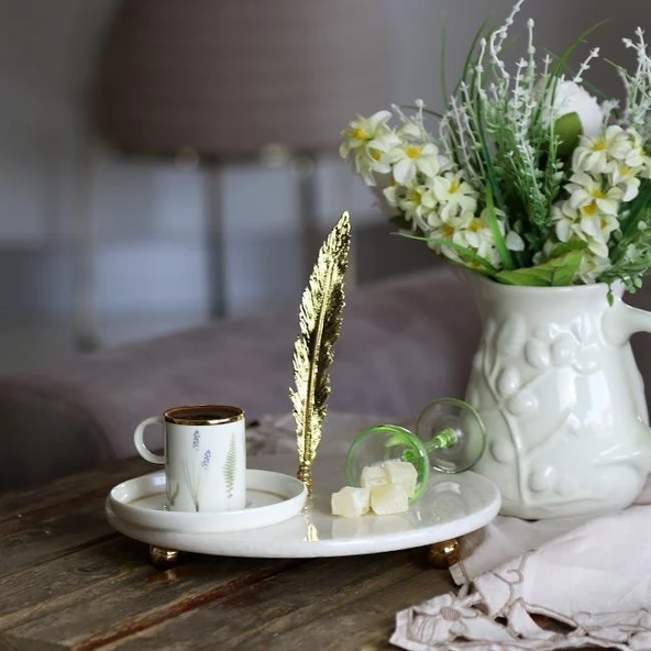 Akayev Mermer Beyaz 28 Cm Altın Boncuk Ayaklı Uzun Tüy Sunum Tabağı - Resim 2