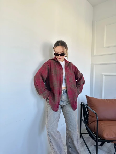 Kadın Oduncu Gömlek Bordo-Kahverengi - Resim 5