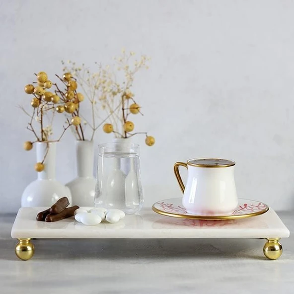 Akayev Mermer Beyaz 30x15 Cm Altın Boncuk Ayaklı Sunum Tabağı - Resim 4