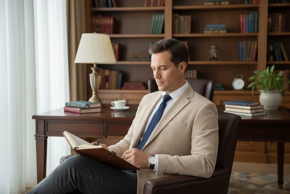 Erkek Bej Slim Fit Blazer Ceket – Çizgili Dokulu Kumaş – Çift Düğmeli - Resim 3