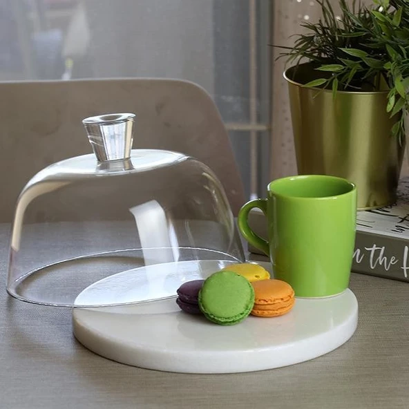 Akayev Mermer 25 Cm Beyaz Kalın Cam Fanus - Resim 2