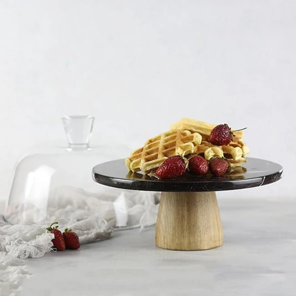 Akayev Mermer 25 Cm Ahşap Konik Ayaklı Siyah Cam Fanus - Resim 3