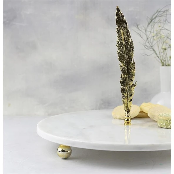 Akayev Mermer Beyaz 28 Cm Altın Boncuk Ayaklı Uzun Tüy Sunum Tabağı - Resim 5