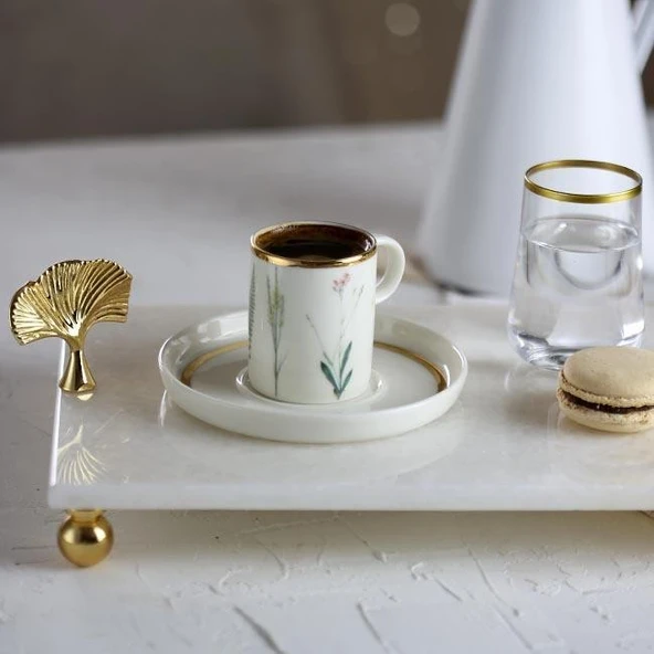 Akayev Mermer Beyaz 30x20 Cm Altın Ayak Ginkgo Sunum Tabağı - Resim 3