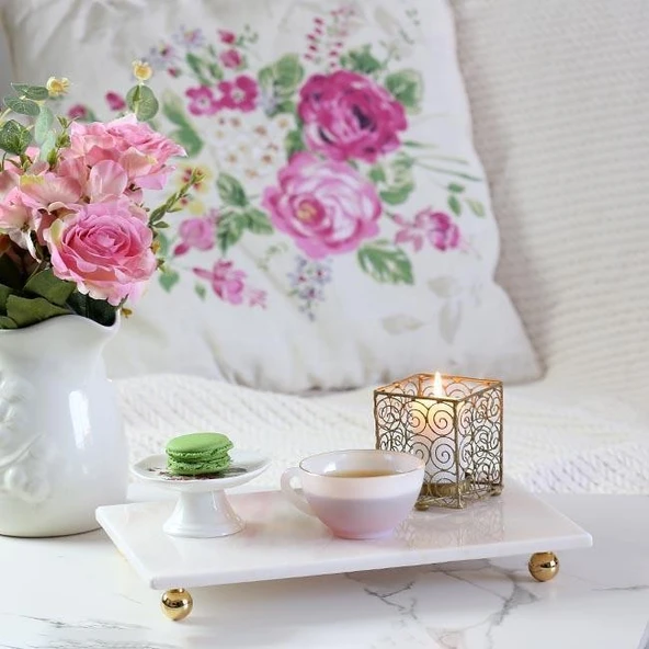 Akayev Mermer Beyaz 30x20 cm Boncuk Ayaklı Sunum Tabağı - Resim 2