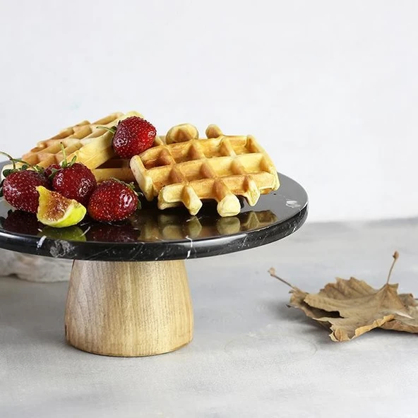 Akayev Mermer 25 Cm Konik Ahşap Ayaklı Siyah Yuvarlak Sunum Tabağı - Resim 3