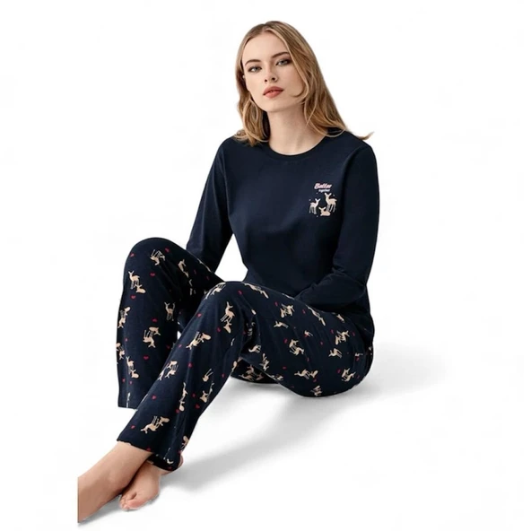 Arnetta %100 Pamuk Geyik Desen Bayan Pijama Takım - Resim 6