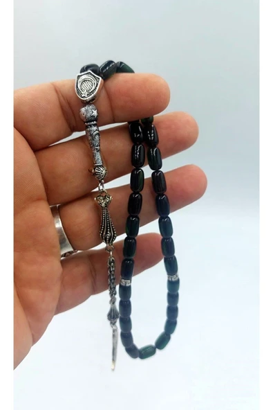 Koyu Yeşil Kapsül Kesim Alpaka Püskül Kehribar Tespih (KUTULU TESBİH) - Resim 4