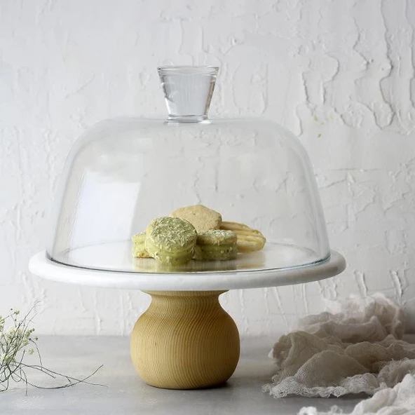 Akayev Mermer 25 Cm Ahşap Ayaklı Beyaz Cam Fanus ürün görseli