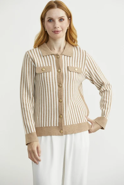 Çizgi Detaylı Yakalı Triko Ceket - Bej - Resim 2
