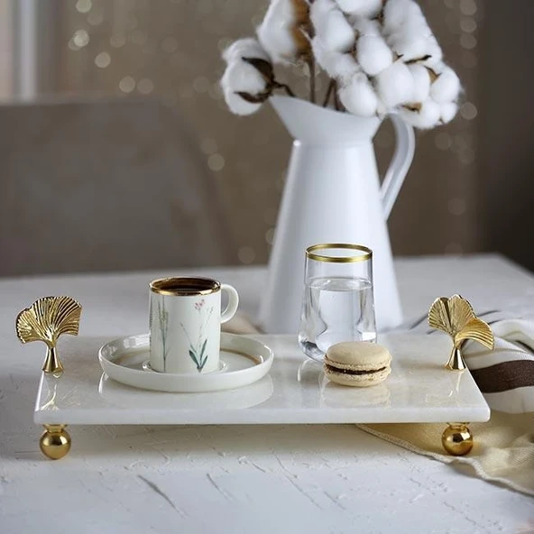 Akayev Mermer Beyaz 30x20 Cm Altın Ayak Ginkgo Sunum Tabağı ürün görseli