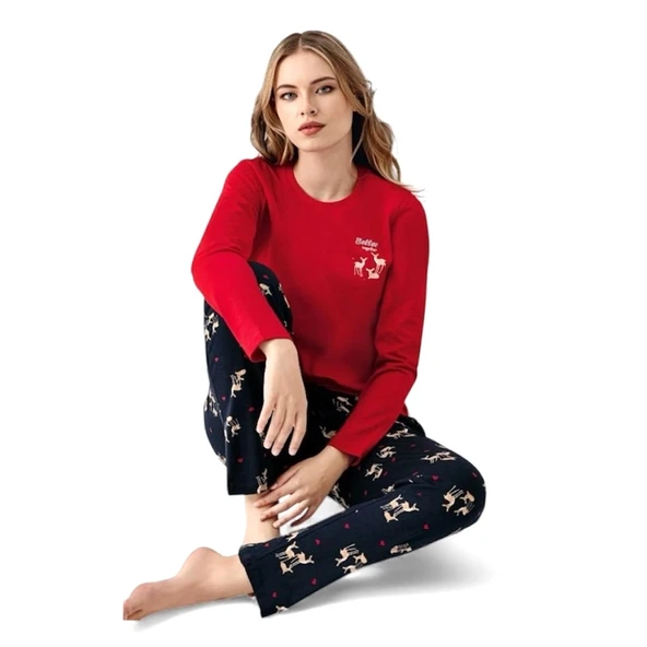 Arnetta %100 Pamuk Geyik Desen Bayan Pijama Takım - Resim 3