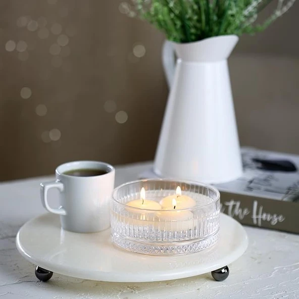 Akayev Mermer 28 Cm Füme Boncuk Ayaklı Beyaz Yuvarlak Sunumluk ürün görseli