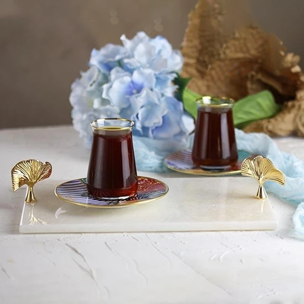 Akayev Mermer Beyaz 30x20 Cm Altın Ginkgo Sunum Tabağı - Resim 2