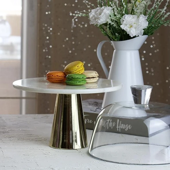 Akayev Mermer 25 Cm Altın Konik Ayak Beyaz CamFanus - Resim 3