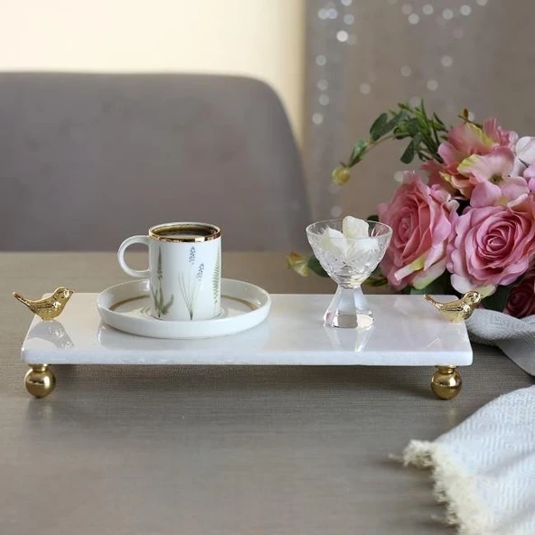 Akayev Mermer Beyaz 30x15 Cm Altın Ayak Kuş Sunum Tabağı ürün görseli