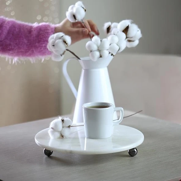 Akayev Mermer 25 Cm Füme Boncuk Ayaklı Beyaz Yuvarlak Sunumluk - Resim 3