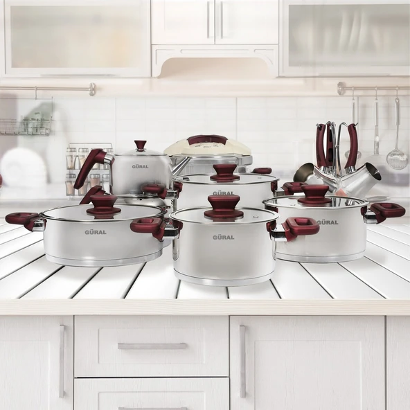 GÜRAL PORSELEN 18 Parça Çelik Tencere Takımı - Mor ürün görseli 1