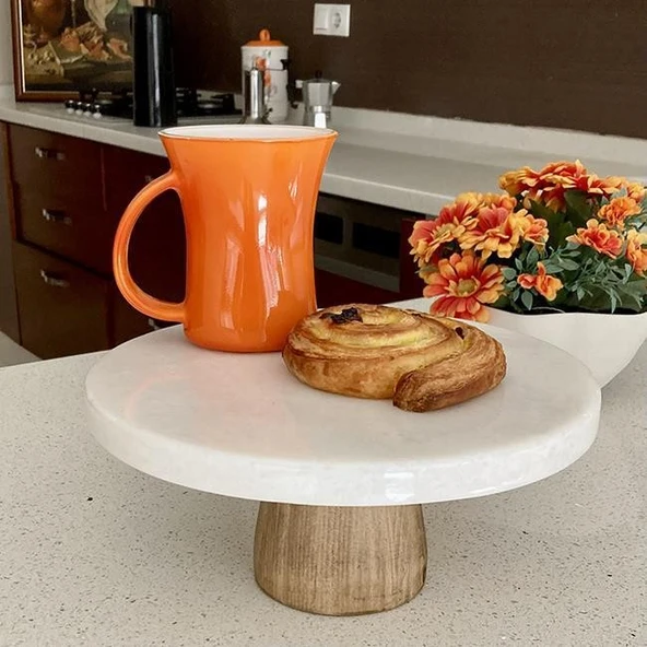 Akayev Mermer 25 Cm Konik Ahşap Ayaklı Beyaz Kalın Yuvarlak Sunum Tabağı - Resim 4