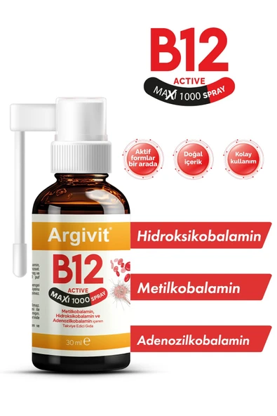 Argivit B12 Active Maxi 1000 Sprey 30 ML (Metilkobalamin, Hidroksikobalamin ve Adenozilkobalamin) ürün görseli 1