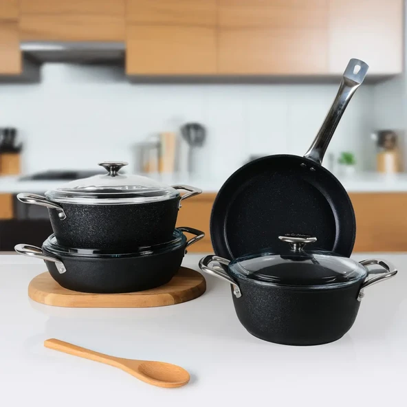 GÜRAL PORSELEN Antoryum Pro 7 Parça ThermoGuard Granit Tencere Takımı Siyah - Resim 2